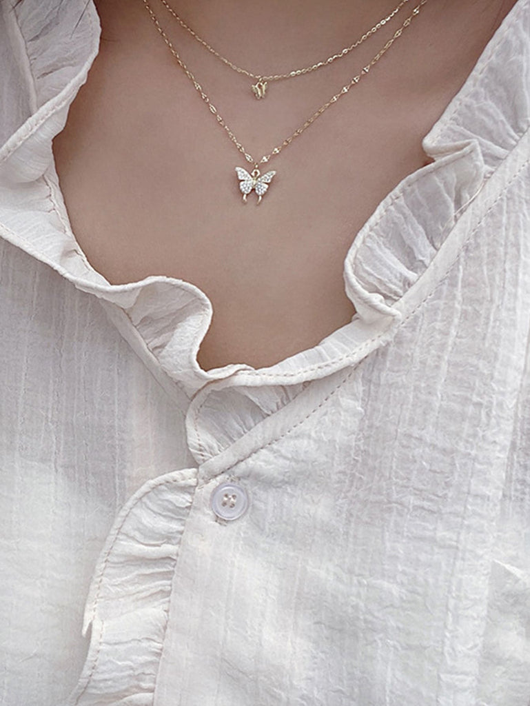 Rhinestone Decor Butterfly Charm Layered Necklace