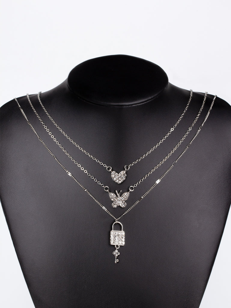 Rhinestone Lock Pendant Layered Necklace