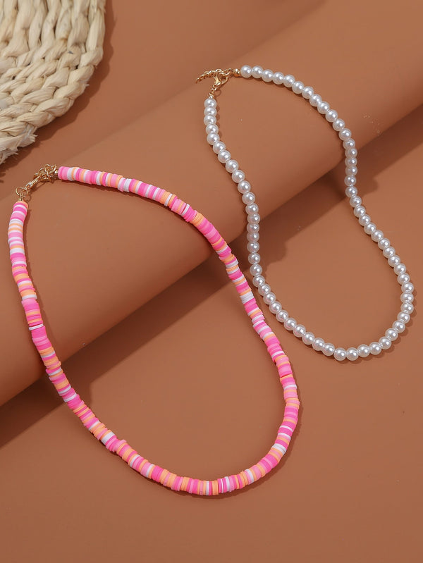 2pcs Faux Pearl Decor Necklace
