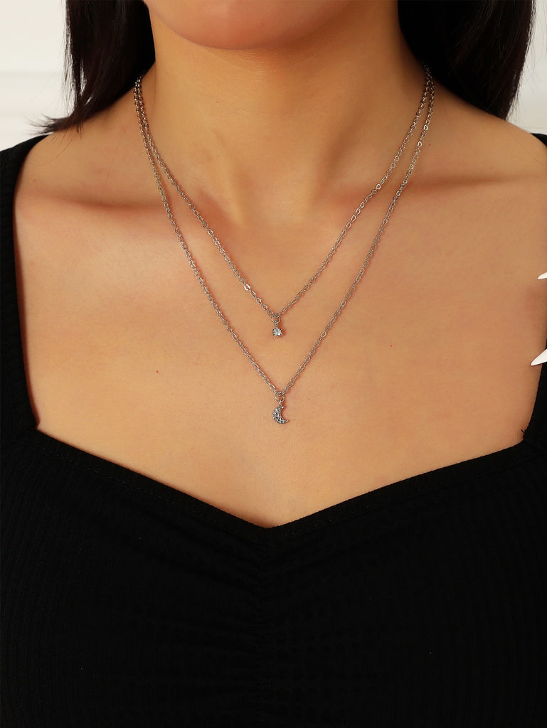 Rhinestone Decor Moon & Star Charm Layered Necklace