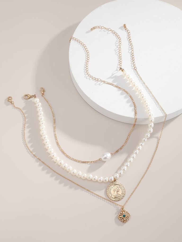 3pcs Coin Faux Pearl Decor Necklace
