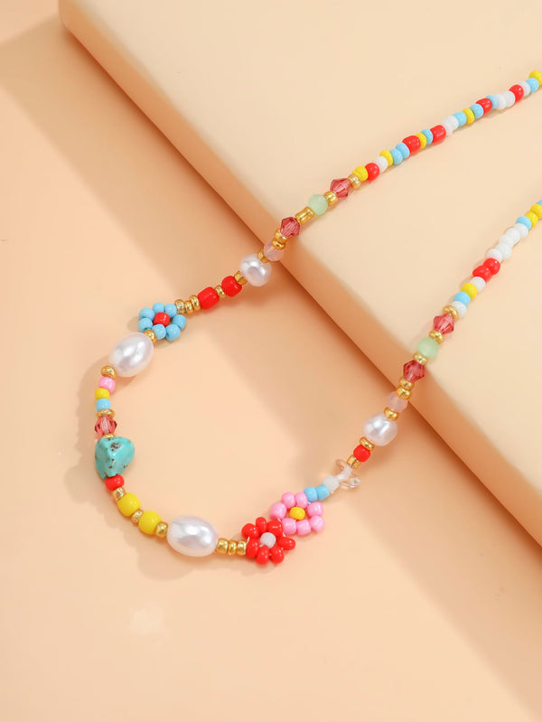 Flower Decor Beaded Necklace