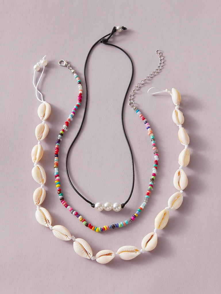 3pcs Shell & Bead Decor Necklace