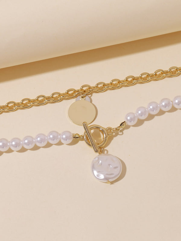 2pcs Faux Pearl Beaded Necklace