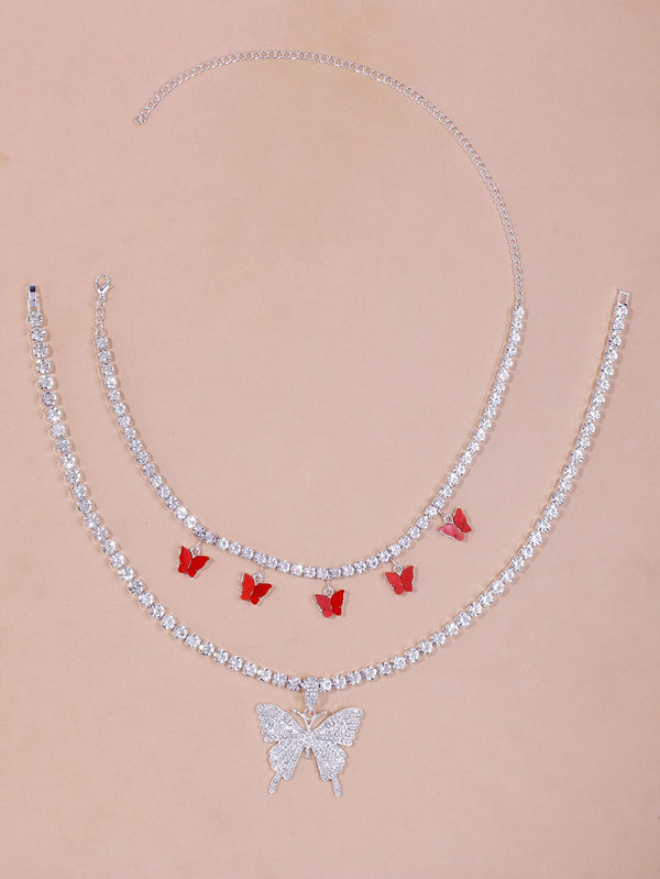 2pcs Butterfly Charm Rhinestone Decor Necklace