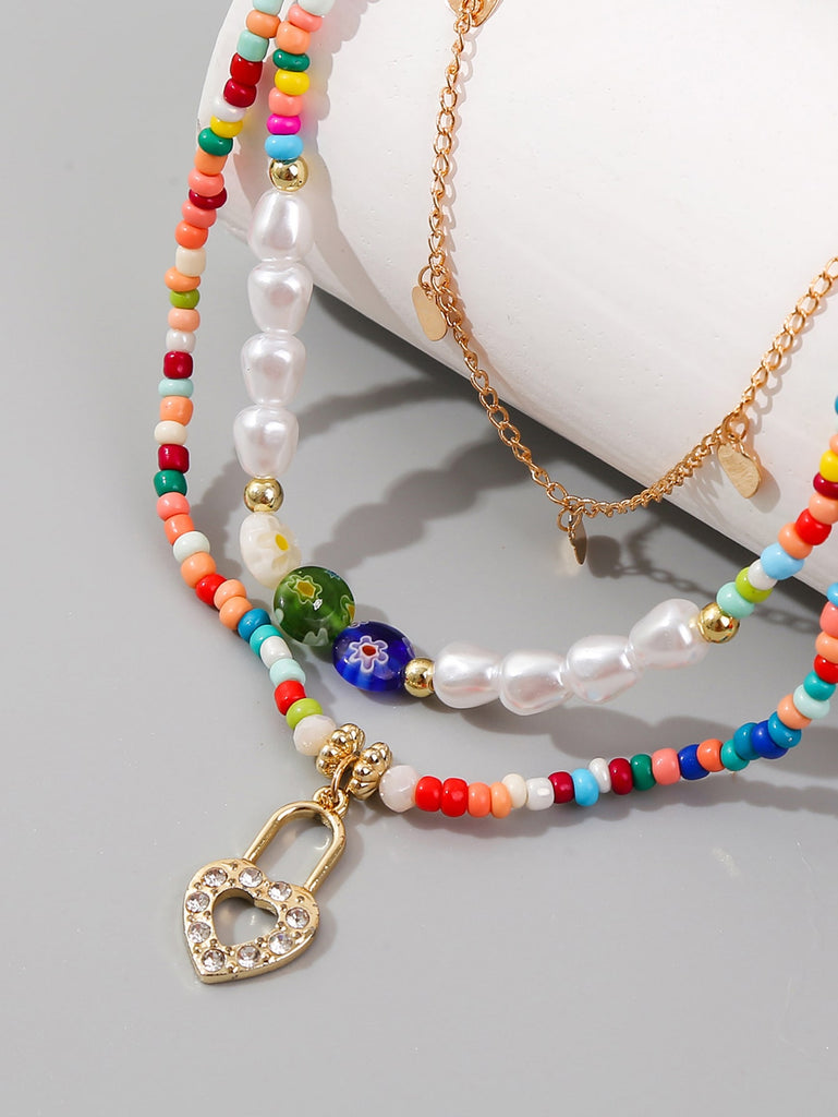 3pcs Color Block Beaded Heart Charm Necklace