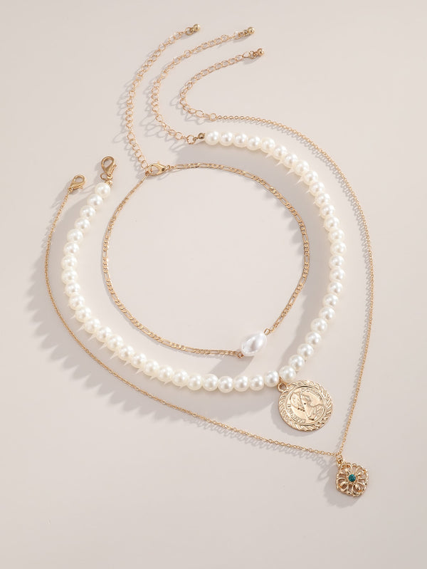 3pcs Coin Faux Pearl Decor Necklace