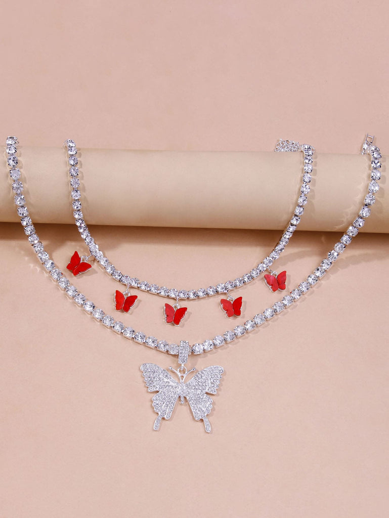 2pcs Butterfly Charm Rhinestone Decor Necklace