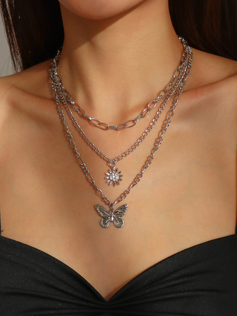 Rhinestone Decor Butterfly Charm Layered Necklace
