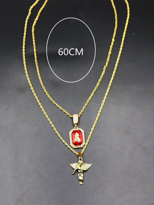 Men Rhinestone Angel & Square Charm Layered Necklace