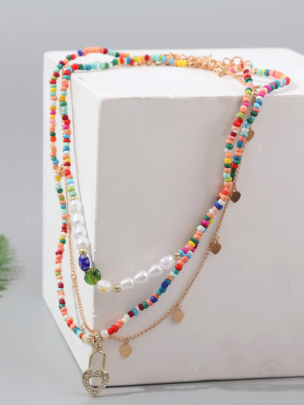 3pcs Color Block Beaded Heart Charm Necklace