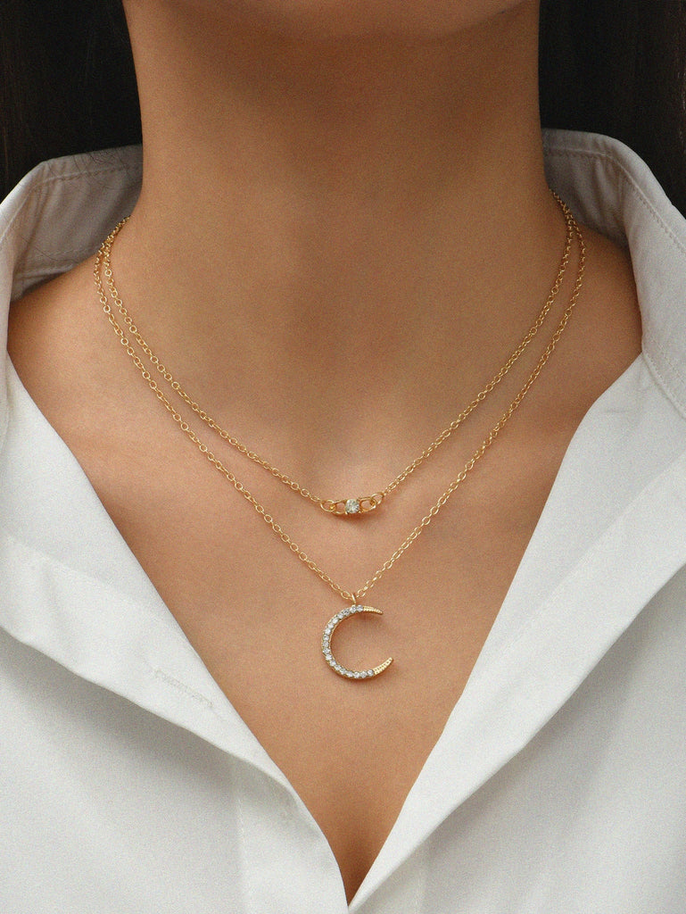 Rhinestone Moon Charm Layered Necklace