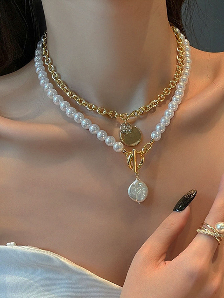2pcs Faux Pearl Beaded Necklace