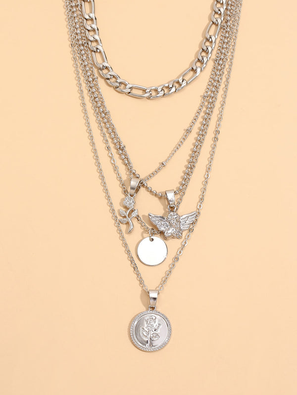 2pcs Flower & Disc Charm Layered Necklace