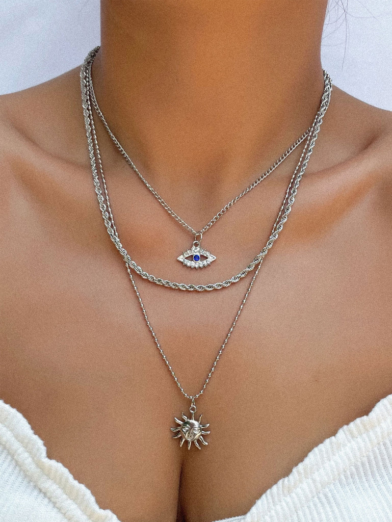 Rhinestone Eye Charm Layered Necklace