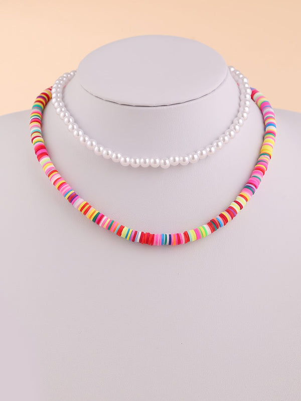 2pcs Faux Pearl Beaded Necklace