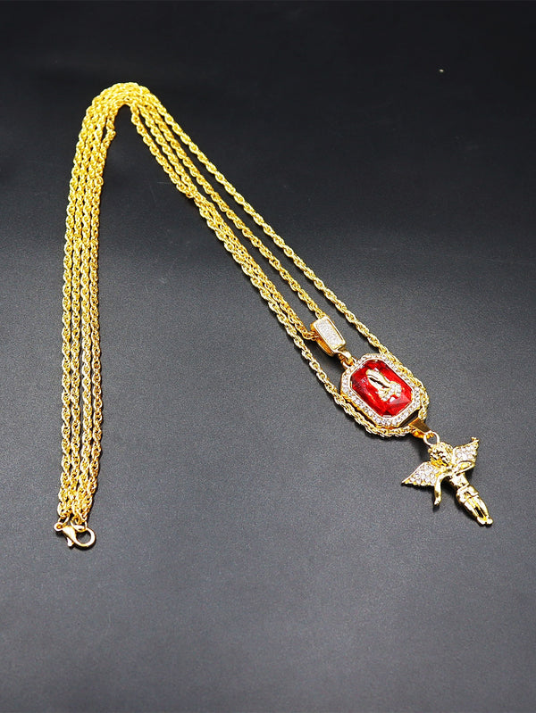 Men Rhinestone Angel & Square Charm Layered Necklace