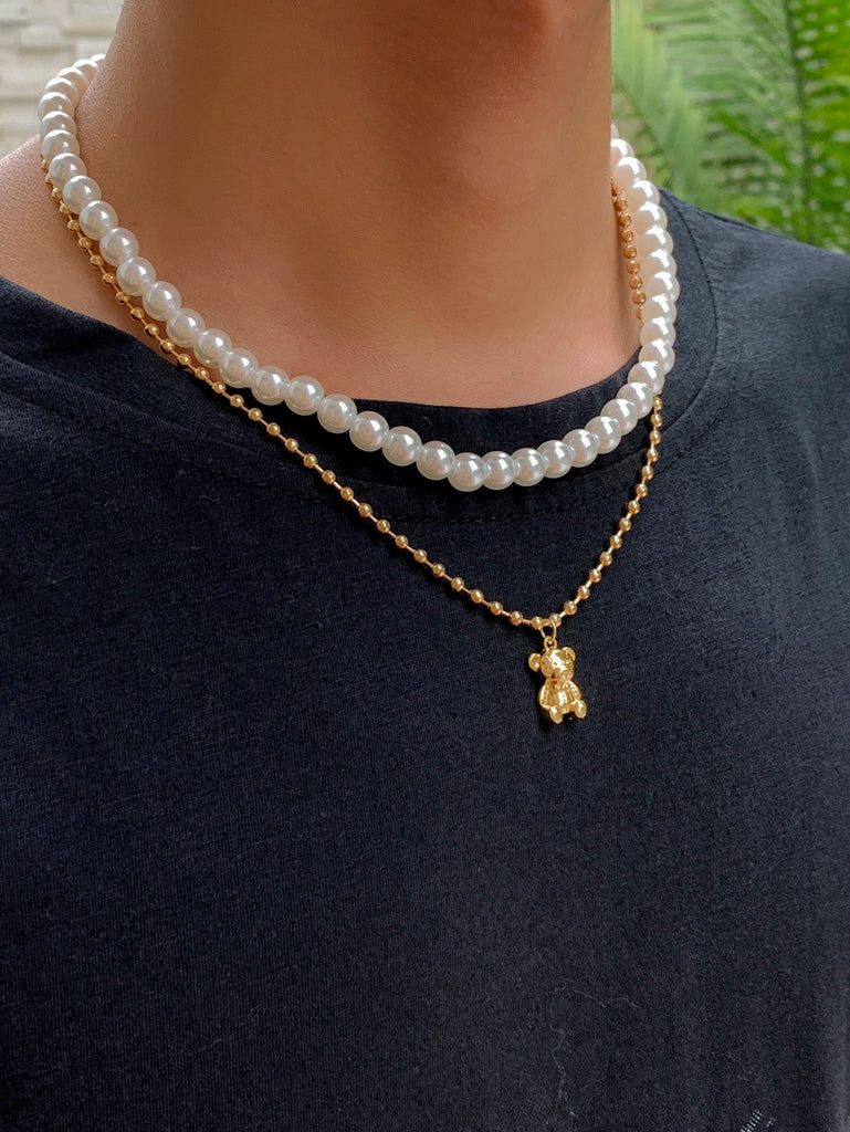 Men Bear Charm Faux Pearl Beaded Layered Necklace