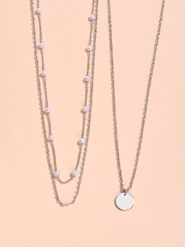 2pcs Faux Pearl Decor Round Charm Necklace