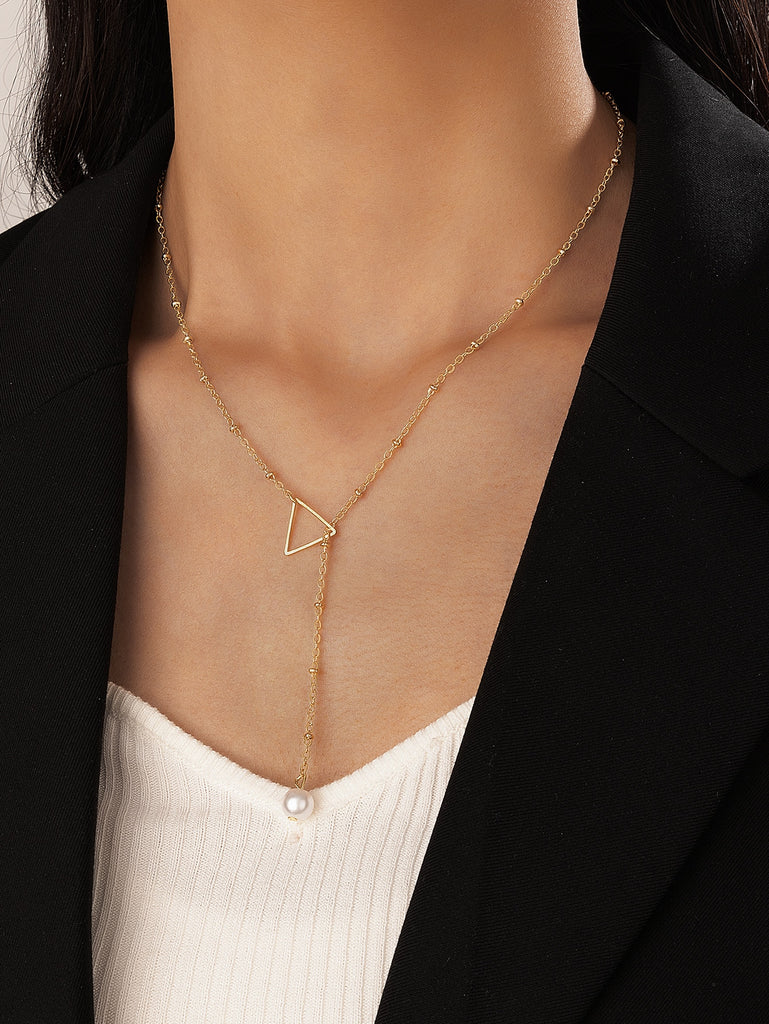 Triangle & Faux Pearl Charm Y Lariat Necklace
