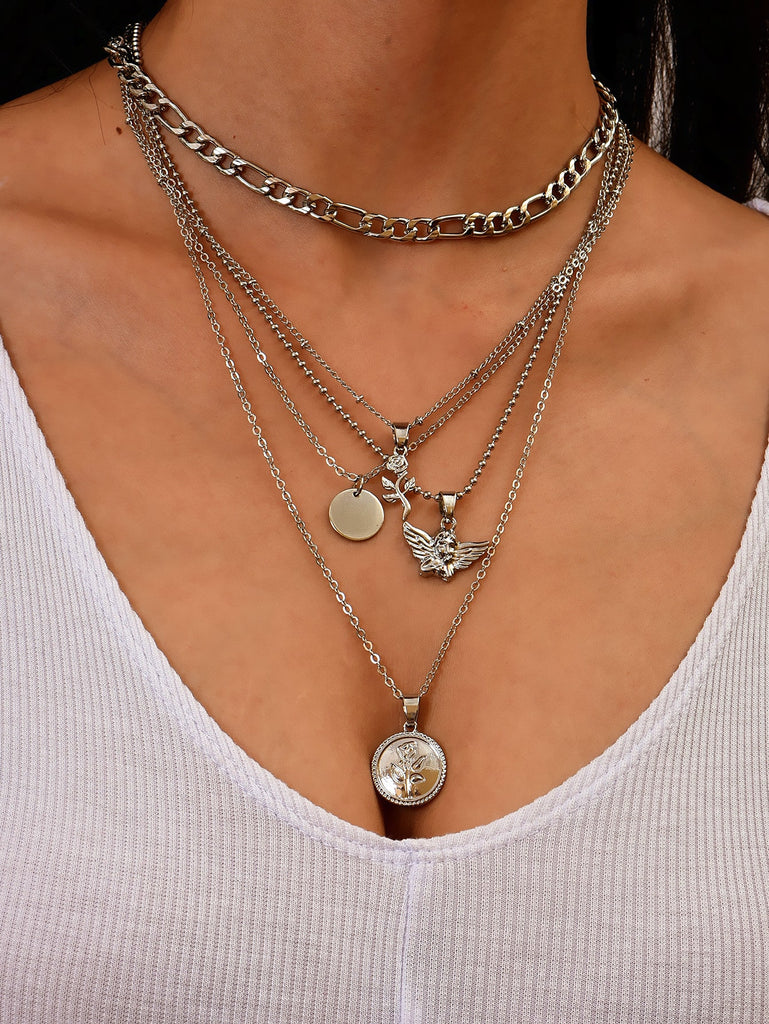 2pcs Flower & Disc Charm Layered Necklace