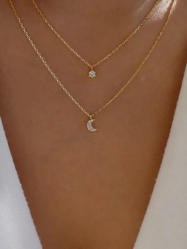 Rhinestone Moon Charm Layered Necklace