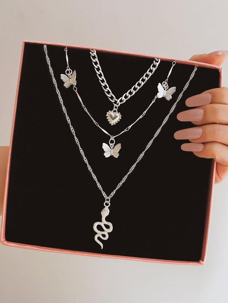 Butterfly & Heart Pendant Layered Necklace