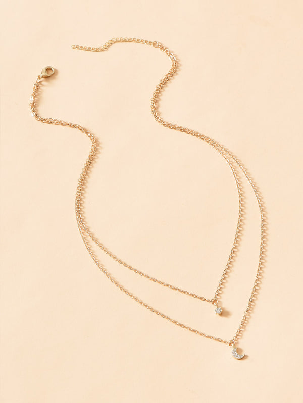 Rhinestone Moon Charm Layered Necklace