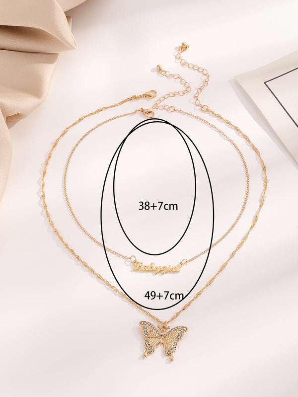 2pcs Rhinestone Decor Butterfly & Letter Charm Necklace