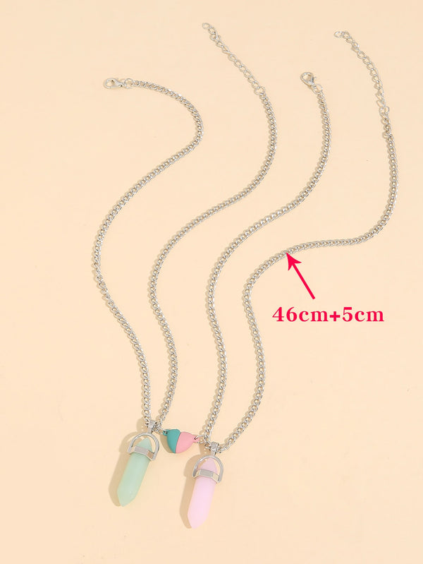 2pcs Heart & Stone Glow In The Dark Pendant Necklace