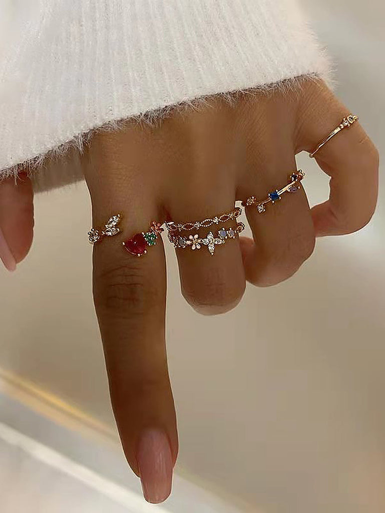 5pcs Heart & Flower Decor Ring