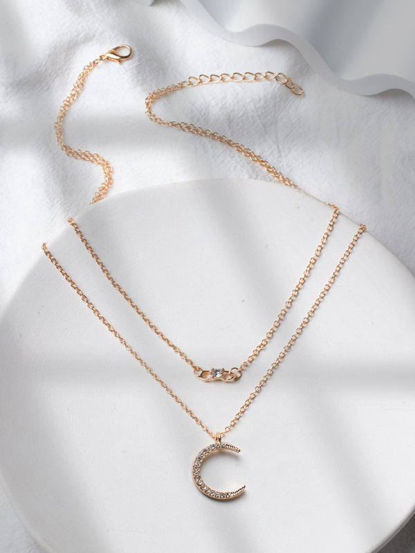 Rhinestone Moon Charm Layered Necklace